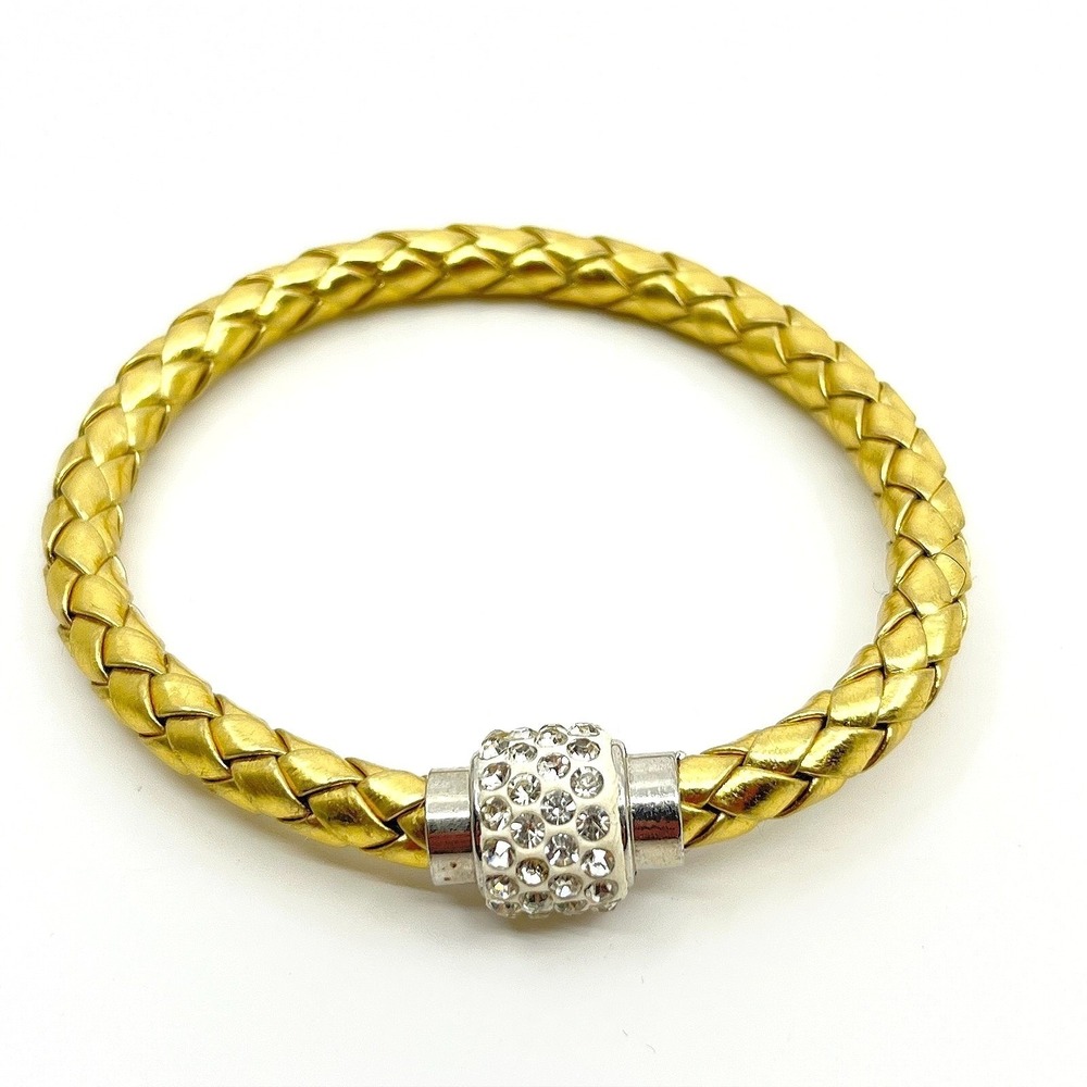 VTG Metallic Gold Tone Braided‎ Faux Leather Bracelet Rhinestone Magnetic Clasp